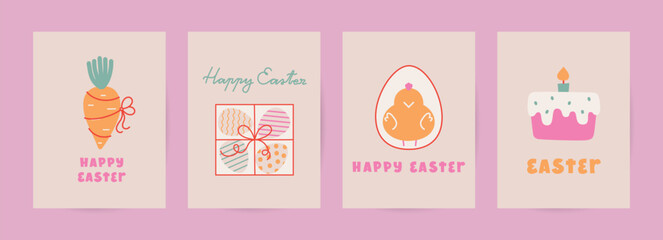 Cute Easster card, banner, sale, invitation tempates. Modern vector postcards posters with carrot, bunny, egg, cake