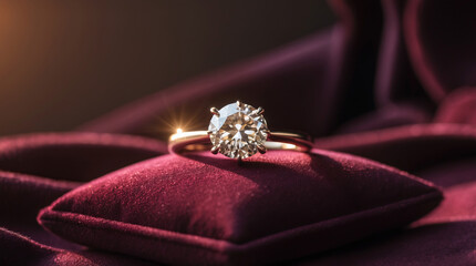 Exquisite diamond ring captured on luxurious velvet cushion with soft lighting enhancing its brilliance