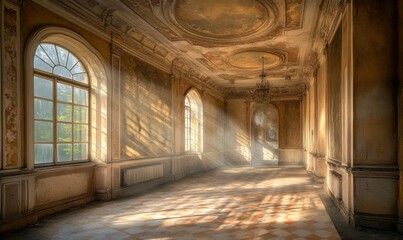 Obraz premium Long corridor bathed in soft light in an abandoned building