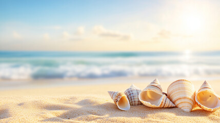 Obraz premium Seashells Beach, serene, scattered beautifully, against tranquil ocean background.