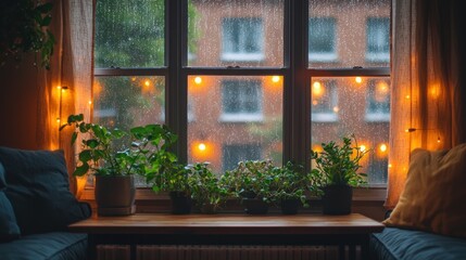 Cozy indoor plants on a rainy day by the window with light decorations