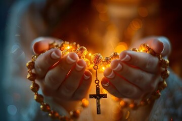 Capturing a serene moment of prayer and reflection with a close-up of hands holding a rosary in soft light