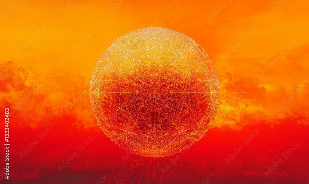 Poster red and orange globe with a network of lines connecting it. the globe is surrounded by a red and ora