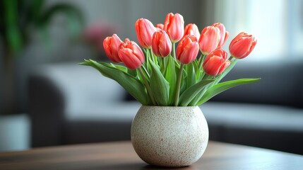 Obraz premium Vase of fresh red tulips on the coffee table with blurred background. Free copy space.