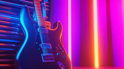 Fototapeta premium Electric guitar leaning against a backdrop of colorful neon light in a vibrant music studio