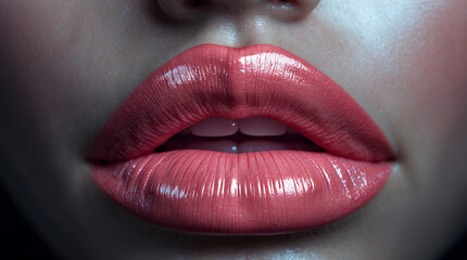 Obraz premium Close-up of glossy lips showcasing a vibrant coral lip color under soft lighting with a smooth texture
