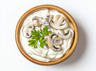 Sour cream with finely chopped mushrooms in wooden bowl on white background. Product flat lay scene.