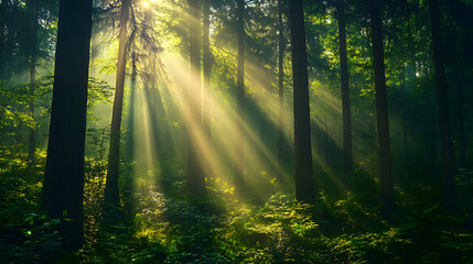Obraz premium Sunlit Forest: Majestic sunlight pierces through the canopy of a dense forest, creating an ethereal and inspiring atmosphere. The interplay of light and shadow dances across the lush greenery.