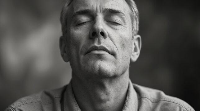 Man with closed eyes and serene expression practicing mindfulness outdoors in soft light