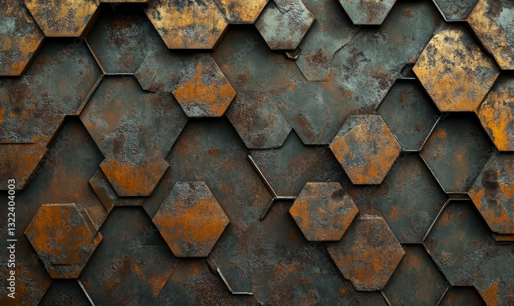 Poster rusty hexagonal metal texture with rugged surface and dark tones
