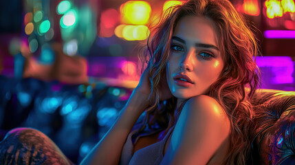Elegant Woman Relaxing in Vibrant Neon Ambient Lighting