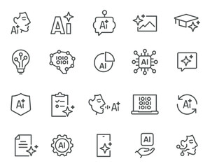 Mind and Machine: A collection of fine lines illustrating AI text generation, photo creation, document processing, chat assistants, algorithms, automation, machine vision, and data processing for mode