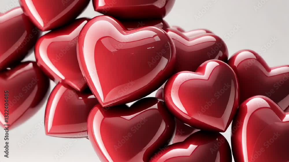 Poster pile of glossy red hearts in 3d rendering with soft reflections creating romantic and valentine back