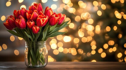 Vase of fresh red tulips on the coffee table with blurred background. Free copy space.