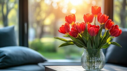 Vase of fresh red tulips on the coffee table with blurred background. Free copy space.
