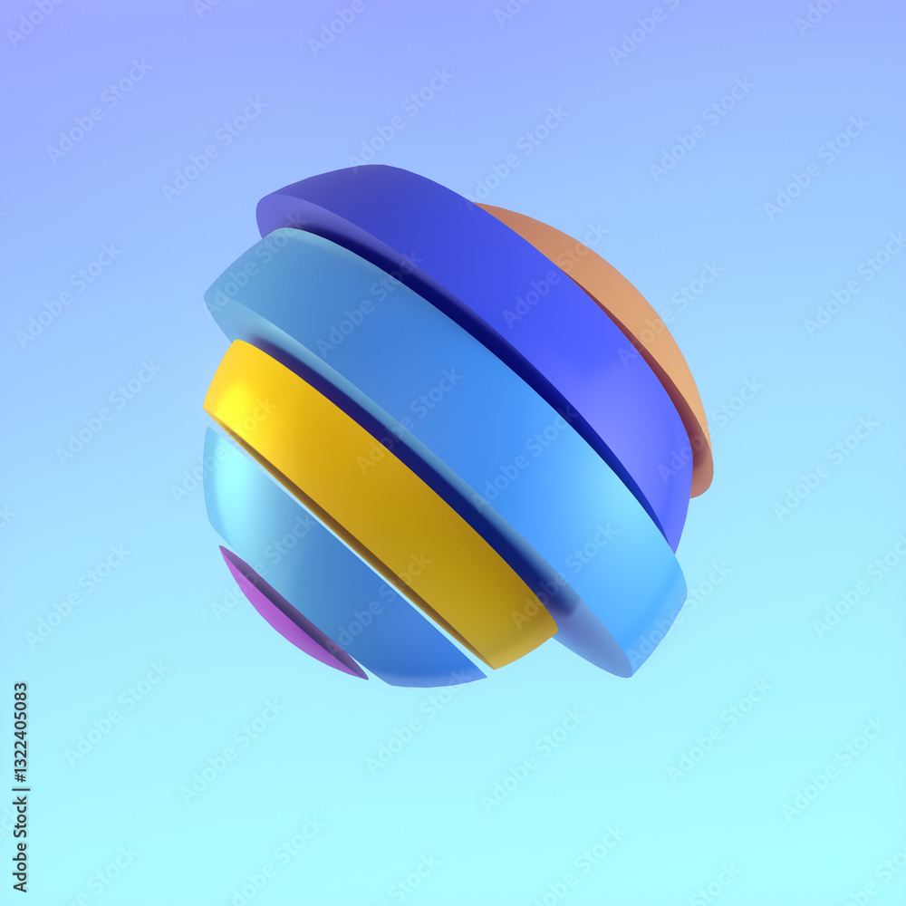Fototapete Illustration of a three-dimensional abstract sphere made of multicolored layers of blue, yellow and orange shades. The multilayered structure and light blue background. 3d rendering