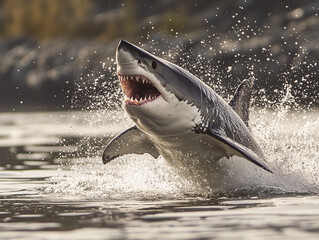 Shark leaping out of the water with jaws open wide isolated