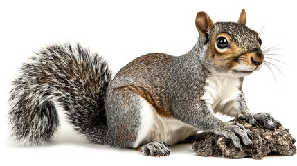 Obraz premium A grey squirrel with a bushy tail poses in front of white