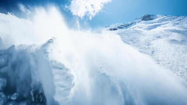 A massive white snow avalanche cascades down a steep mountainside, creating a billowing powder cloud under a bright blue sky, showcasing nature's raw power