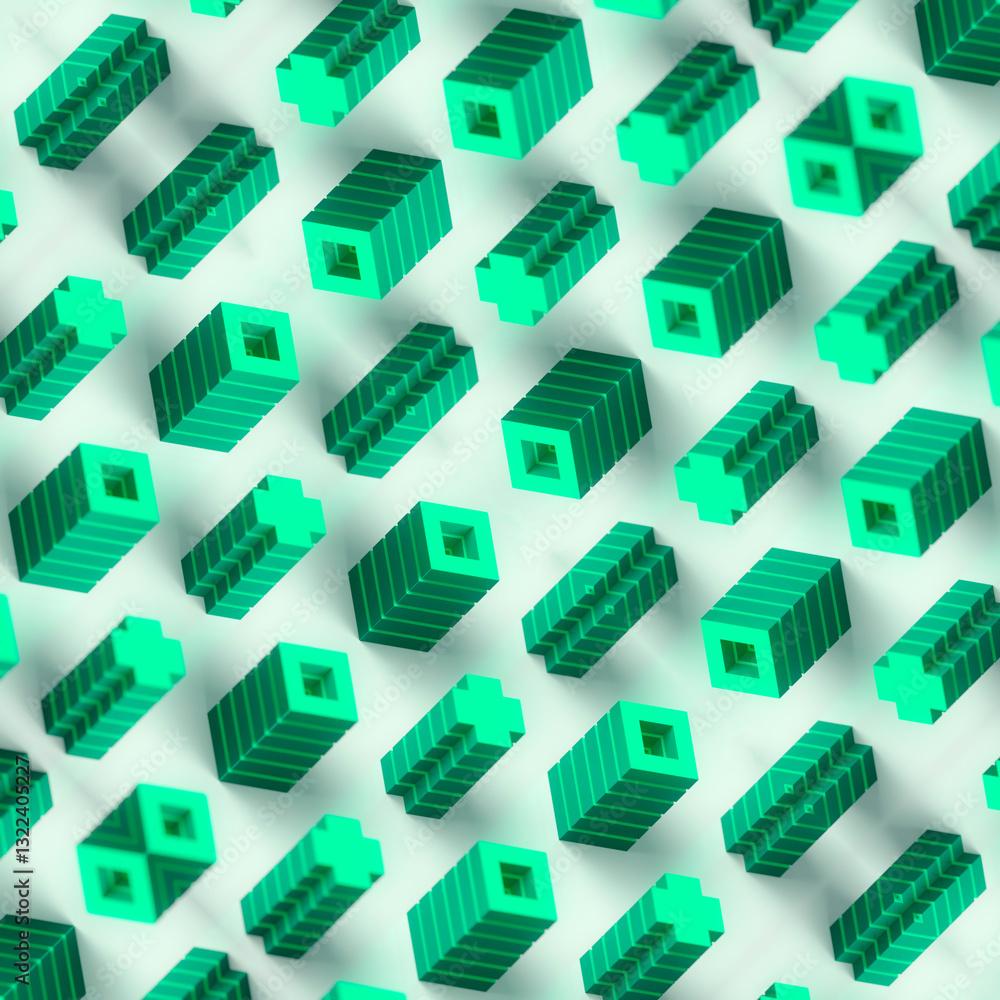 Poster Digital illustration of a unique symmetrical structure of geometric objects in the form of green crosses and squares arranged in an orderly fashion. Dynamic minimalist design. 3d rendering