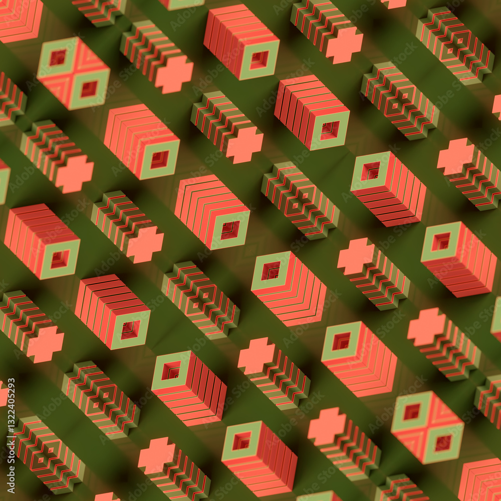 Poster Elegant symmetrical composition of columns alternating with crosses and empty squares. Pink and green tones make the animation harmonious and emphasize the minimalist style. 3d rendering illustration