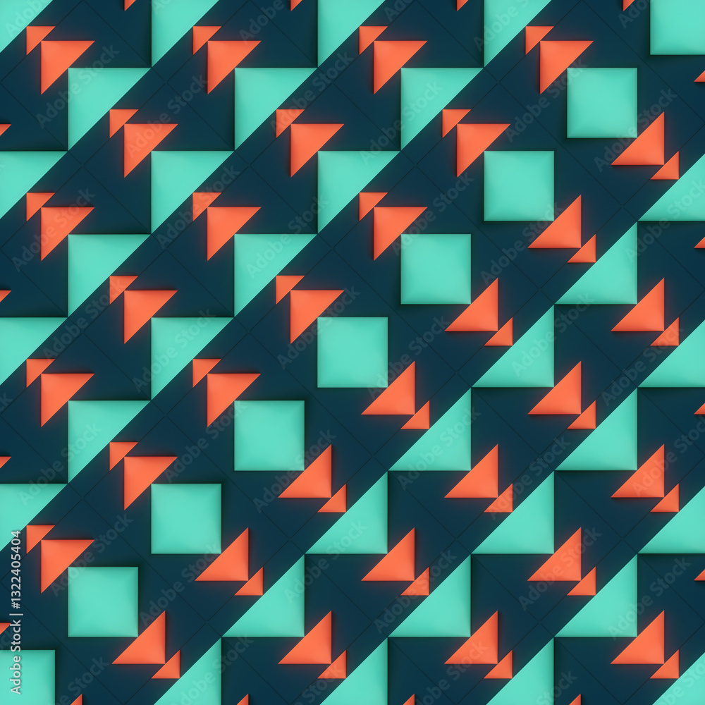 Poster Abstract illustration of triangles in shades of orange and green on a dark green background. The symmetrical composition emphasizes the changing shapes, creating rhythm and illusion. 3d rendering