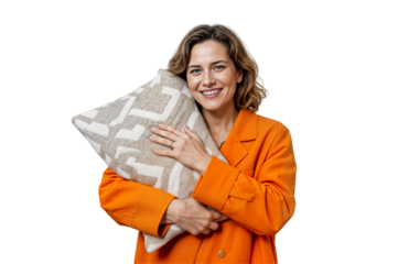 A woman, dressed in a bright orange jacket, stands in front of a white background, smiling and looking at the camera. She is holding a soft pillow with a unique pattern, making it look warm and comfor