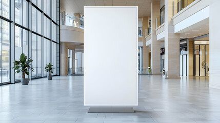 Blank White Vertical Advertising Poster Display In Modern Shopping Mall With Bright Lighting And Tiled Floor