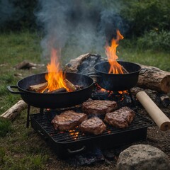 Enjoying the simplicity of cooking meat over a fire in a stunning setting