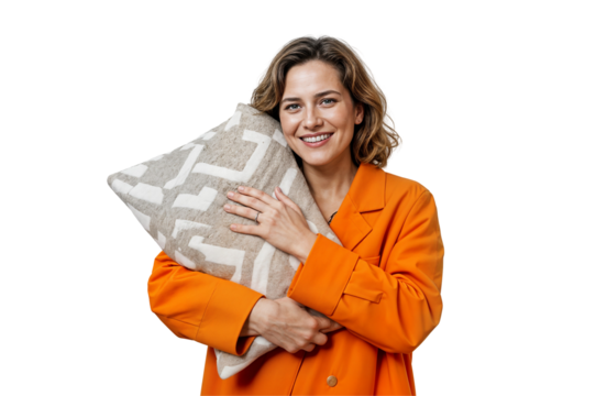 A woman, dressed in a bright orange jacket, stands in front of a white background, smiling and looking at the camera. She is holding a soft pillow with a unique pattern, making it look warm and comfor