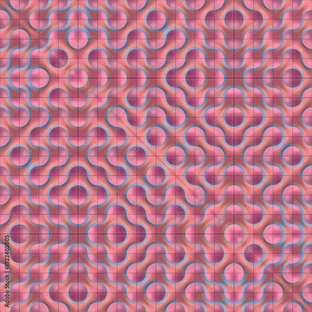 Poster Pink symmetrical tile pattern with wavy lines and circles. Perfect pattern for wallpaper or wall panel design. 3d rendering digital illustration