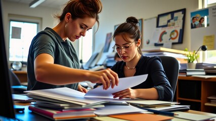 Obraz premium Collaborative Office Environment with Two Women Analyzing Documents