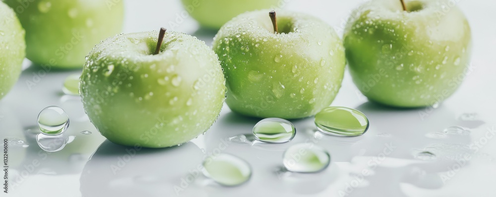 Poster tiny pill reflecting cool tones, placed within an elegant arrangement of bright green apples and shi