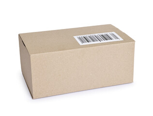 Cardboard parcel box with barcode on white background