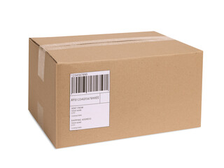 One parcel with shipment label isolated on white