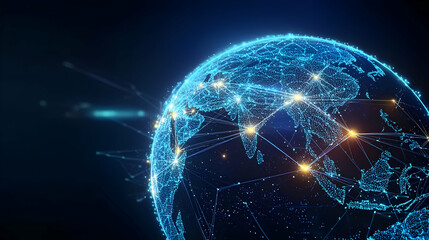 Rotating Blue Earth Globe with Glowing Interconnected Dots and Lines Representing Global Network and Data Flow on a Dark Background in Digital Art
