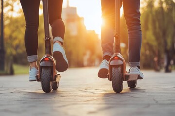 Two people ride electric scooters on a smooth urban path during sunset. The warm glow of the evening light adds a romantic and modern feel to sustainable city transport.