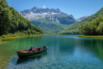 Obraz premium A group of people enjoys a scenic boat ride on a pristine lake surrounded by lush green forests and snow-capped mountains. The water reflects the vibrant blue sky.