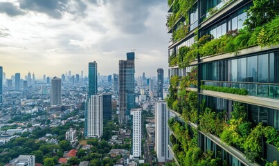 Obraz premium Modern skyscraper adorned with greenery and cityscape view.
