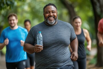 A smiling overweight Black man in athletic wear runs outdoors, holding a water bottle. A group of people jogs behind him in a park, promoting fitness and wellness.