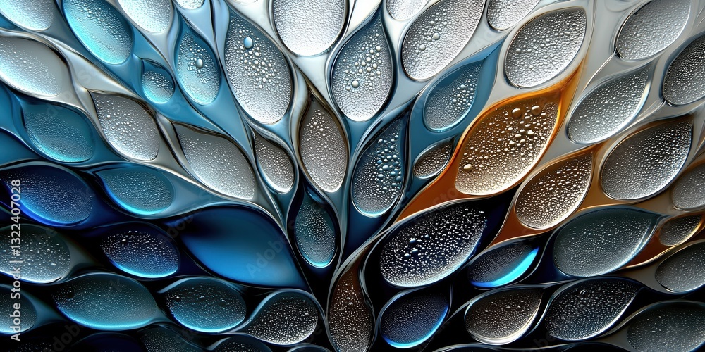 Poster abstract design featuring droplets on a textured surface in shades of blue and orange with intricate