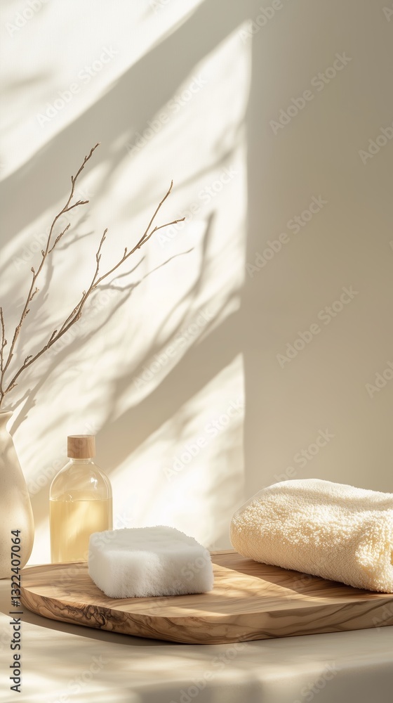 Aufkleber calm spa setting with natural elements featuring soft towel and essential oils in warm light