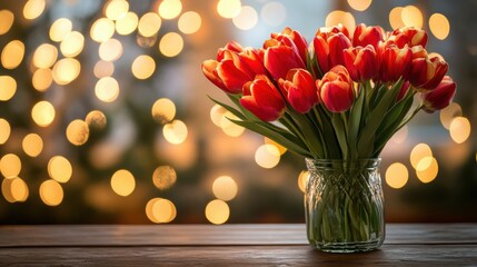 Vase of fresh red tulips on the coffee table with blurred background. Free copy space.