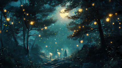 Naklejka premium Lights weaving through ancient pines. ethereal fairies dancing among moonlit trees, surrounded by magical whispers and melodies. Moonbeam Whispers. Illustration