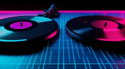 Fototapeta premium Colorful turntables with neon lighting creating an energetic atmosphere for music mixing
