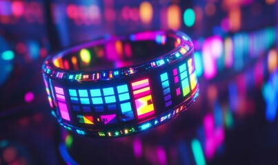 Music festival schedule concept. Futuristic wristband glowing with vibrant colors at festival event