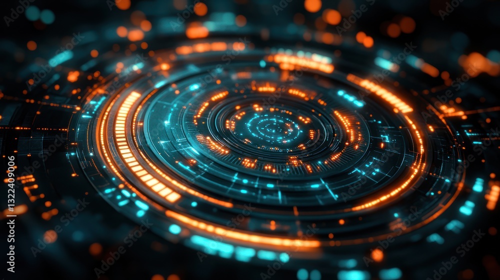 Poster abstract futuristic technology interface with glowing circular rings.