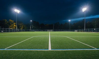 Soccer Field at Night with Illuminated Stadium Lights and White Center Line