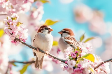Fototapeta premium world sparrow day March 20 cute sparrows sitting on a blooming cherry branch, sunny