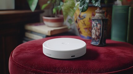White round device on red velvet stool, books and plants in background. Home tech accessory